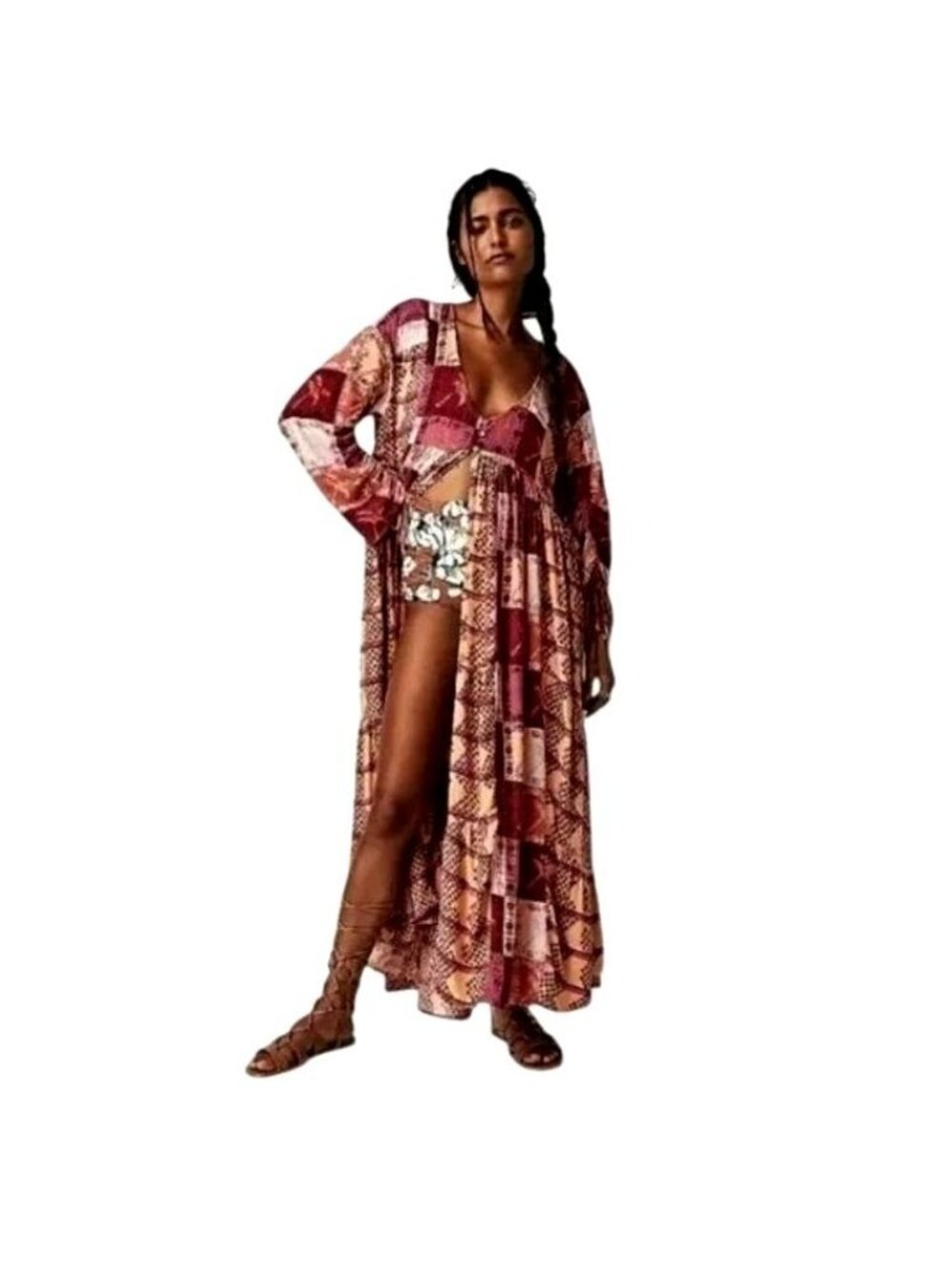FREE PEOPLE Ibiza Patchwork Maxi Kimono Duster XS NWT Boho Festival Robe Dress - Picture 2 of 12